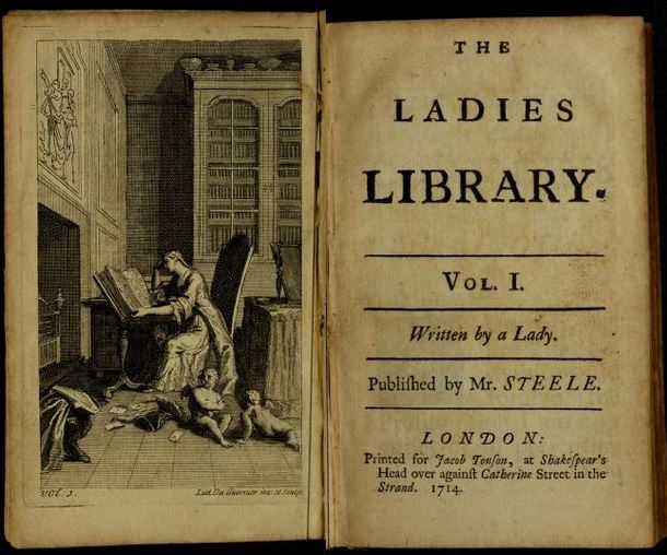 Book frontispiece, circa 18th century, featuring portrait of woman in a study on the left side and the title page "The Ladies Library" on the right